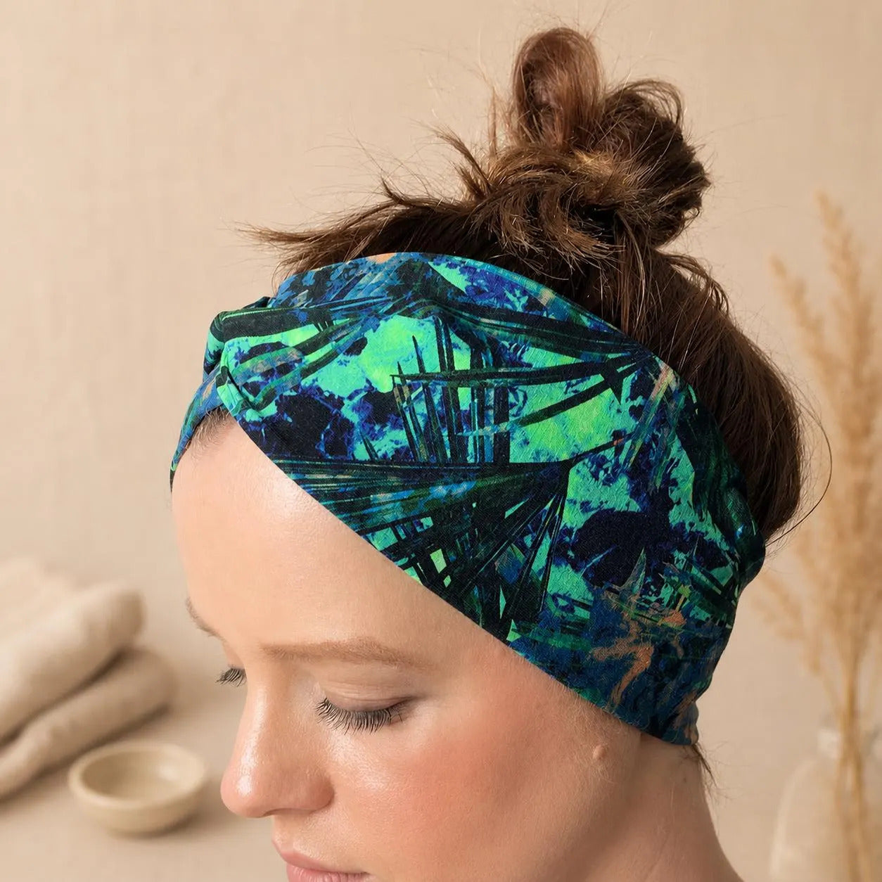 Tropical Leaf Headband, Blue Green Twist Hair Wrap, Handmade, Jersey, Boho Hair Accessory UK