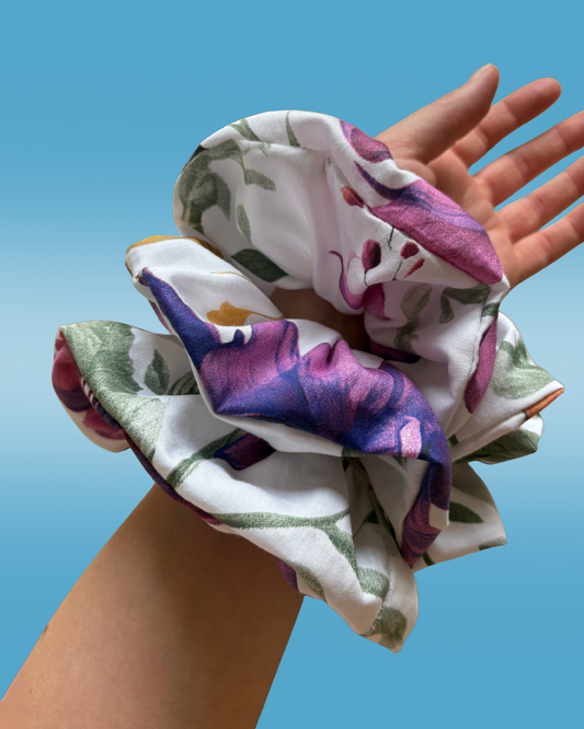 Extra Large Floral Scrunchie – Handmade Cotton Satin Oversized Hair Tie