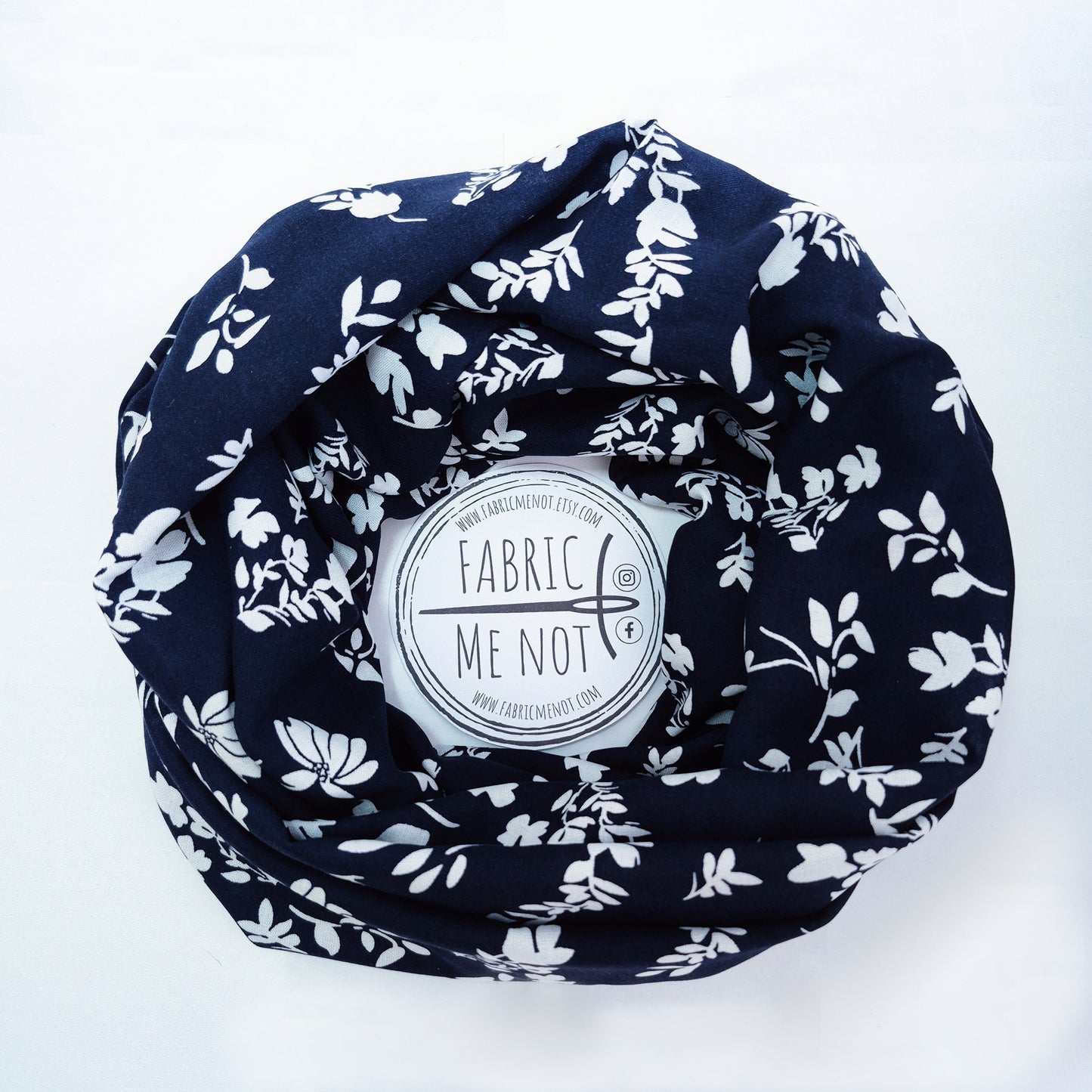 Navy with White Flower Infinity Scarf 100% Viscose