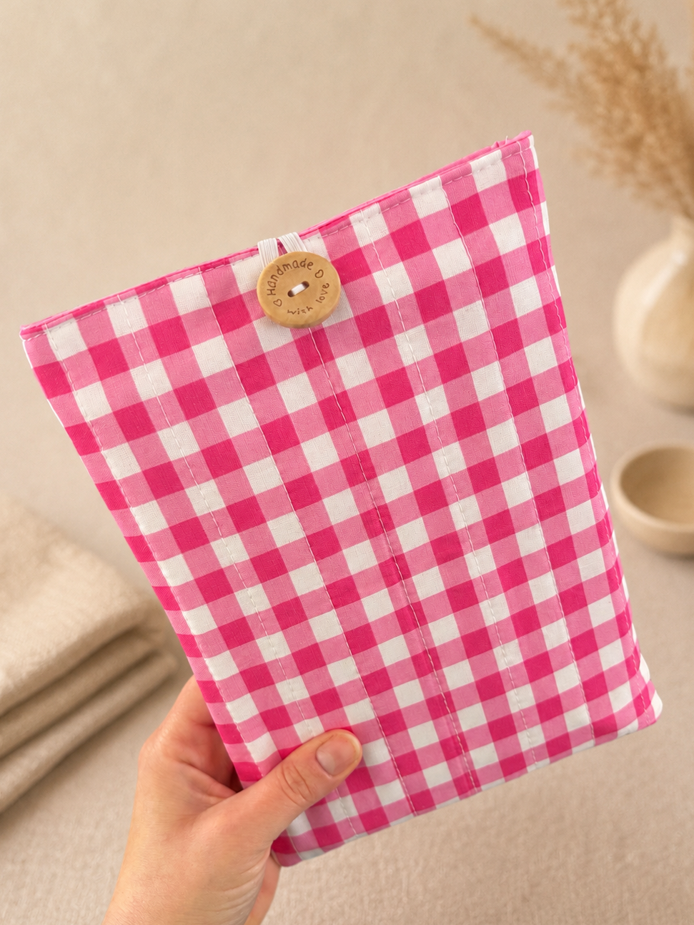 Pink Gingham Book Sleeve | Handmade Quilted Protector Pouch