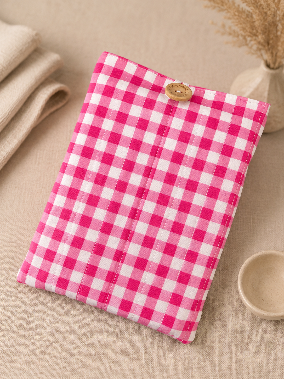 Pink Gingham Book Sleeve | Handmade Quilted Protector Pouch