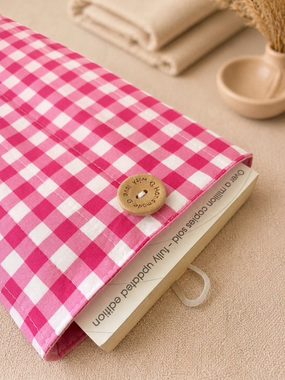 Pink Gingham Book Sleeve | Handmade Quilted Protector Pouch