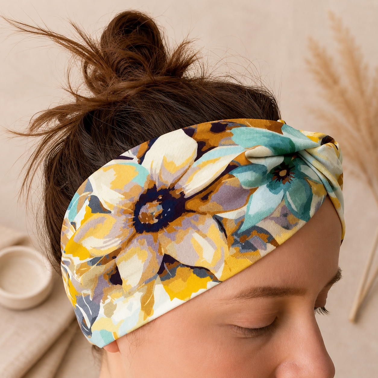 Floral Knot Headband, Yellow Boho Hair Accessory, Watercolour Flower Turban Band, Handmade UK