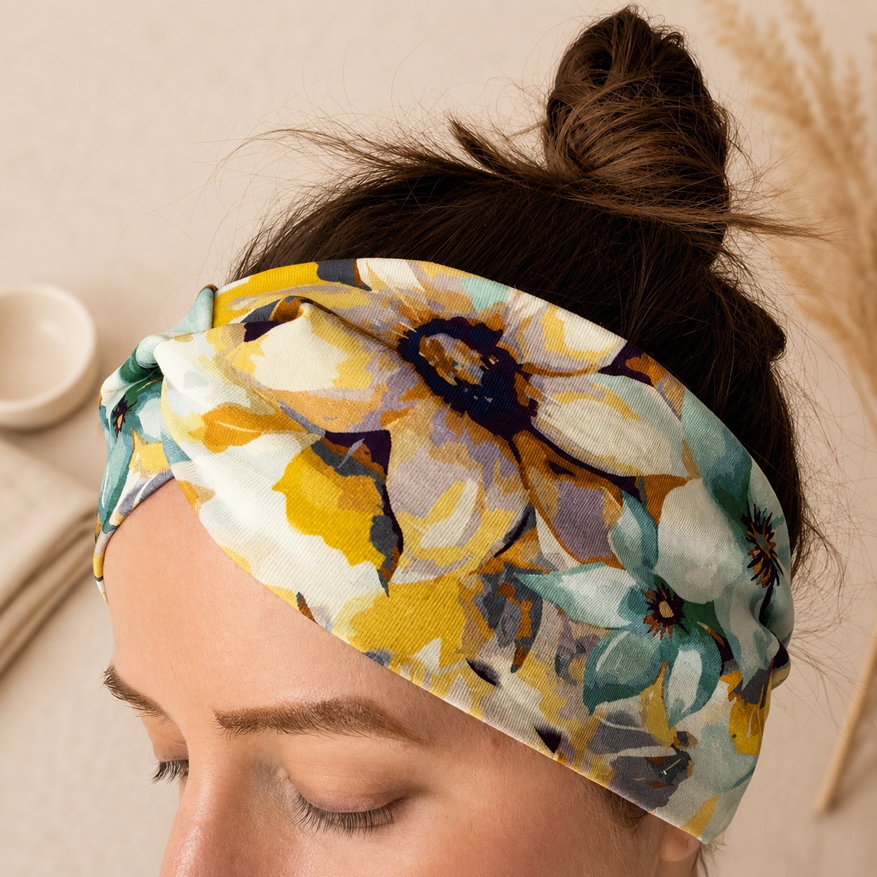 Floral Knot Headband, Yellow Boho Hair Accessory, Watercolour Flower Turban Band, Handmade UK