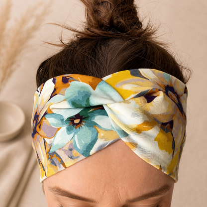 Floral Knot Headband, Yellow Boho Hair Accessory, Watercolour Flower Turban Band, Handmade UK