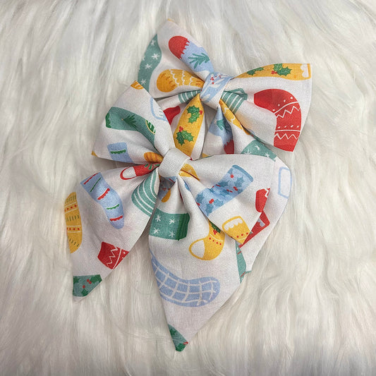 Christmas Stocking Bow Hair Clip with Tails Pack of 2