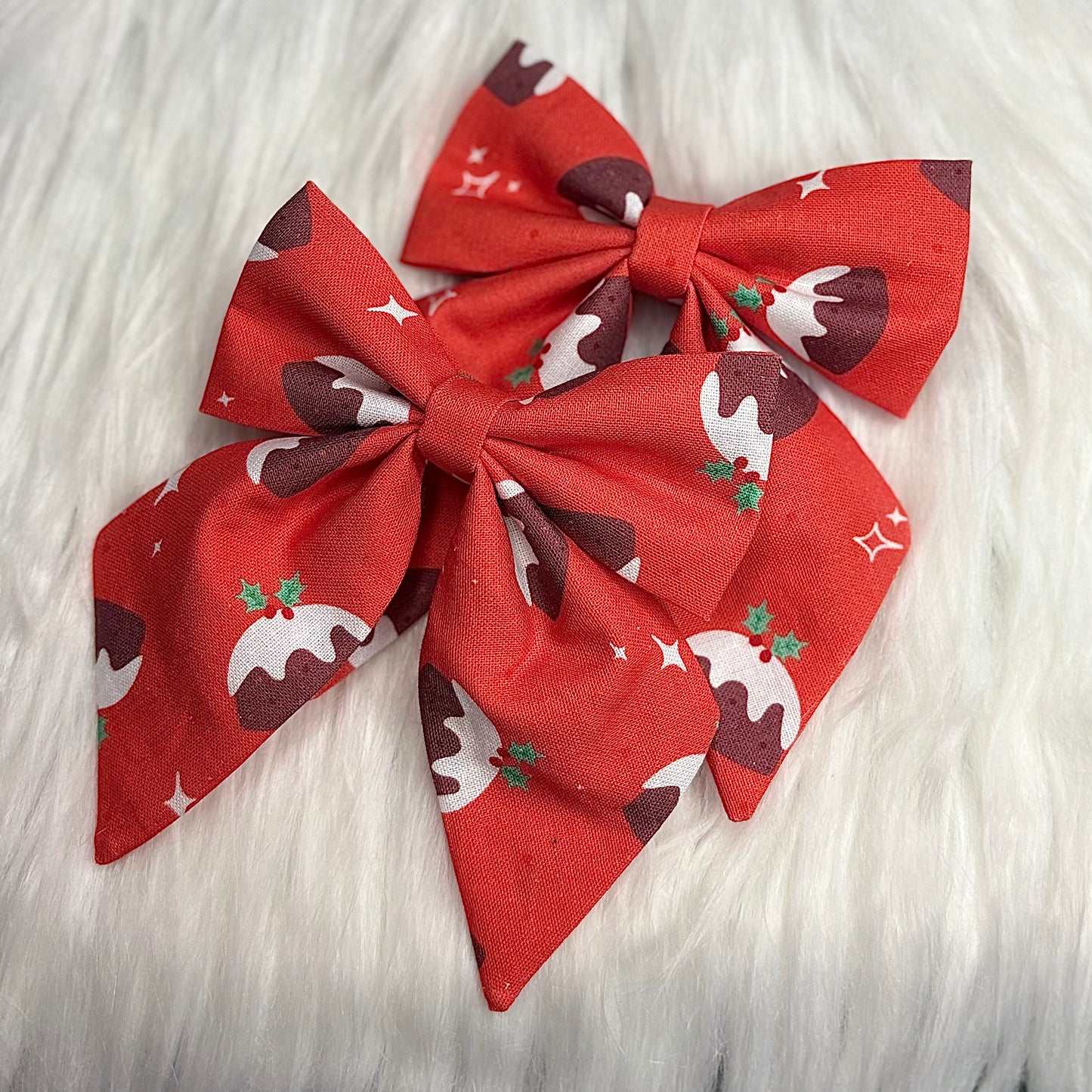 Christmas Pudding Bow Hair Clip with Tails Pack of 2