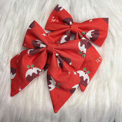 Christmas Pudding Bow Hair Clip with Tails Pack of 2
