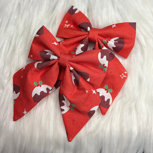Christmas Pudding Bow Hair Clip with Tails Pack of 2