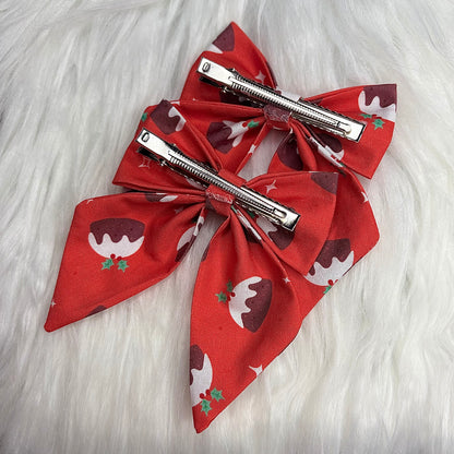 Christmas Pudding Bow Hair Clip with Tails Pack of 2
