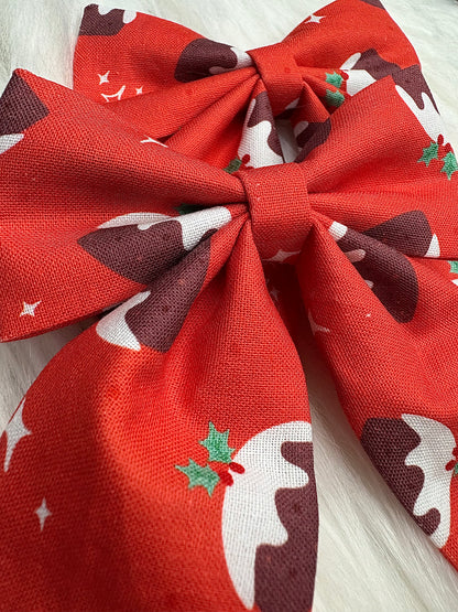 Christmas Pudding Bow Hair Clip with Tails Pack of 2