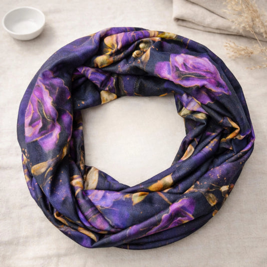 Purple Roses Premium Print 100% Knitted Cotton Infinity Scarf