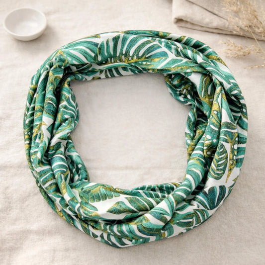 Monstera Leaves on White 100% Knitted Cotton Infinity Scarf