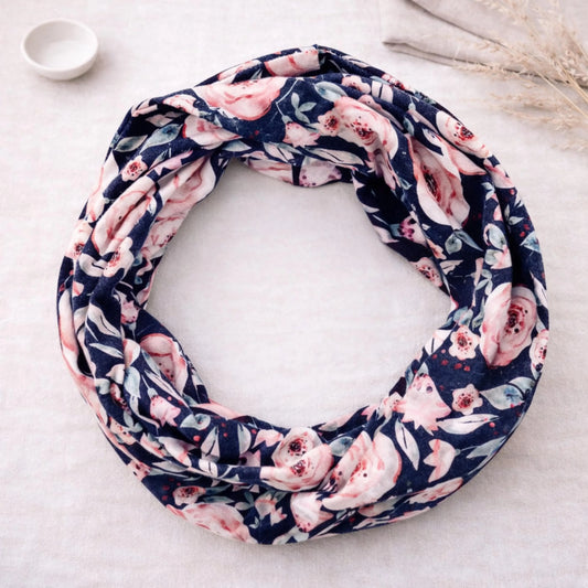 Rose on Black 100% Knitted Cotton Infinity Scarf