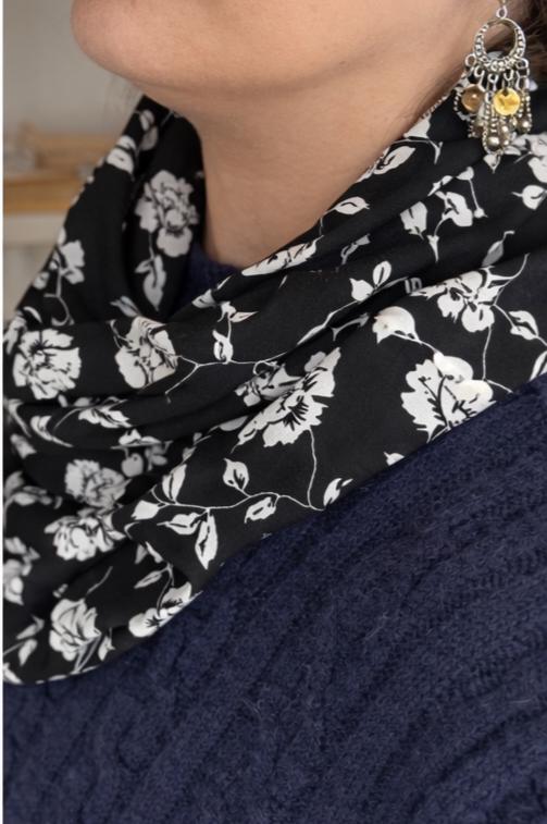 Black Floral Lightweight Infinity Scarf 100% Viscose
