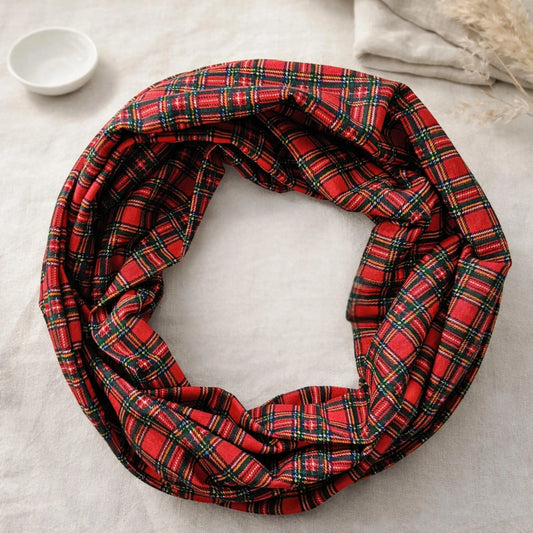 Red Tartan 100% Knitted Cotton Infinity Scarf