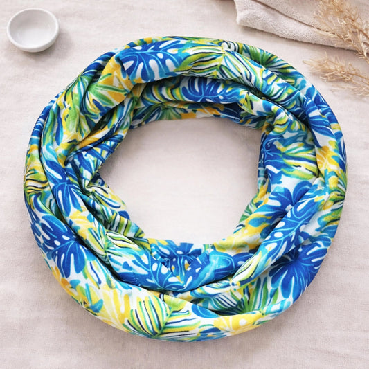 Palm Leaves Blue and Yellow Premium Print 100% Knitted Cotton Infinity Scarf