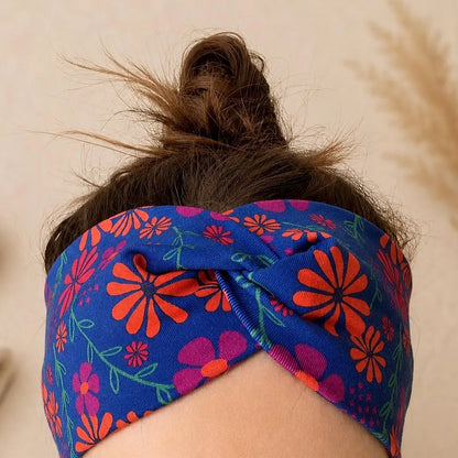 Blue Floral Knot Headband, Retro Daisy Hair Accessory, Colourful Boho Turban Band, Handmade UK
