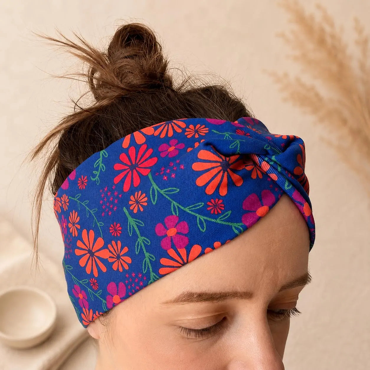 Blue Floral Knot Headband, Retro Daisy Hair Accessory, Colourful Boho Turban Band, Handmade UK