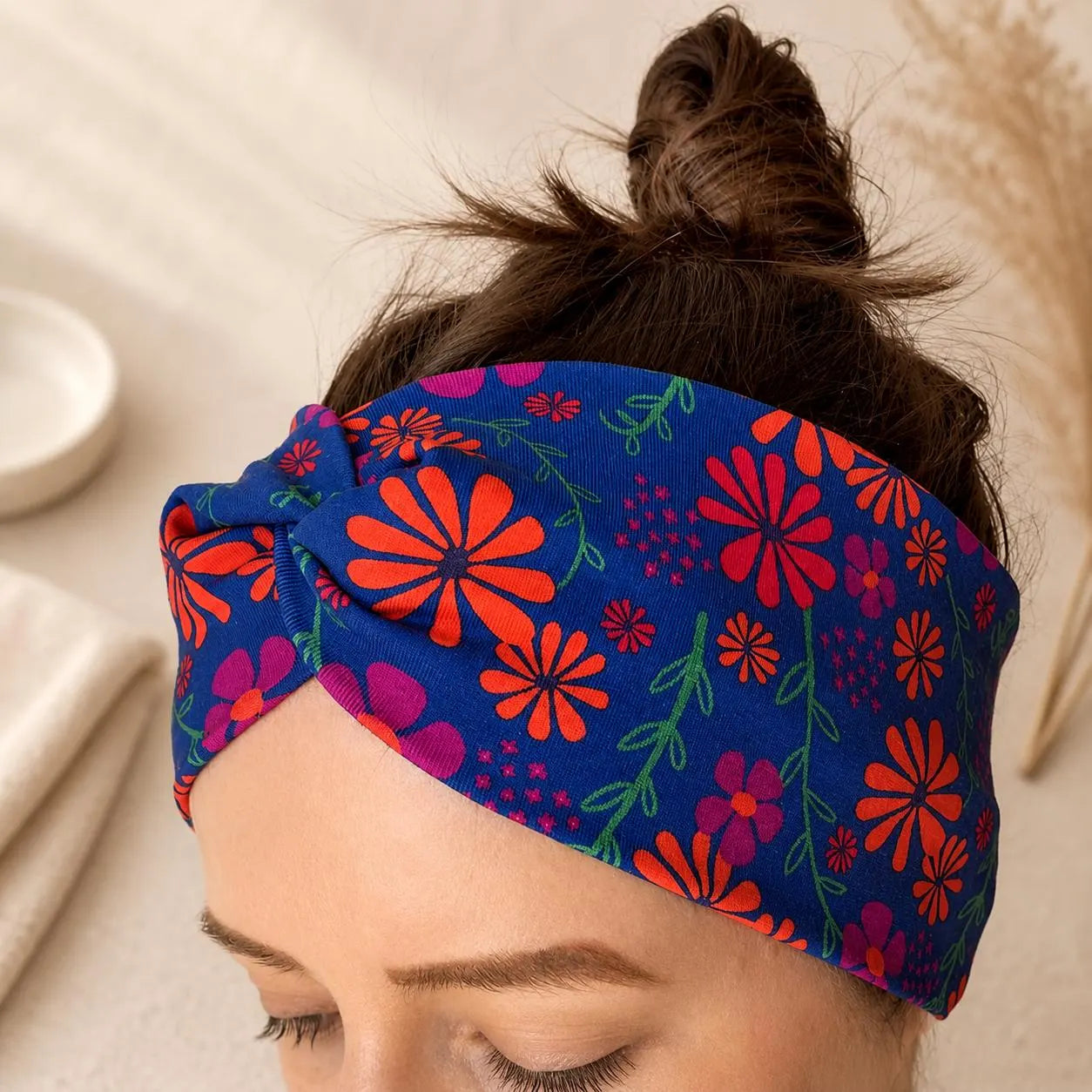 Blue Floral Knot Headband, Retro Daisy Hair Accessory, Colourful Boho Turban Band, Handmade UK