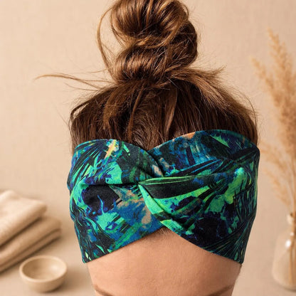 Tropical Leaf Headband, Blue Green Twist Hair Wrap, Handmade, Jersey, Boho Hair Accessory UK