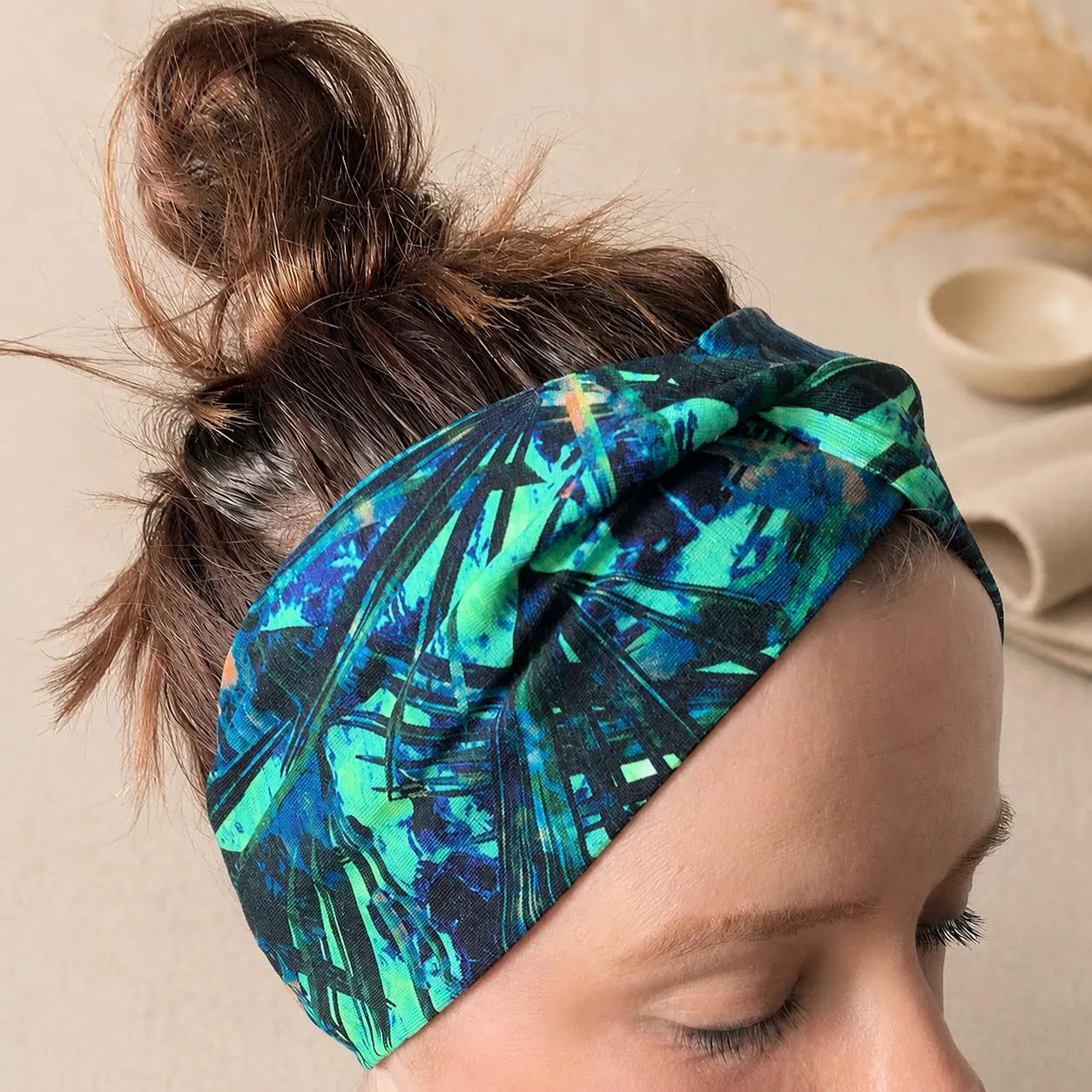 Tropical Leaf Headband, Blue Green Twist Hair Wrap, Handmade, Jersey, Boho Hair Accessory UK