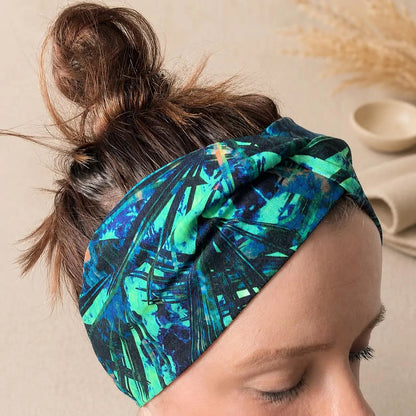 Tropical Leaf Headband, Blue Green Twist Hair Wrap, Handmade, Jersey, Boho Hair Accessory UK