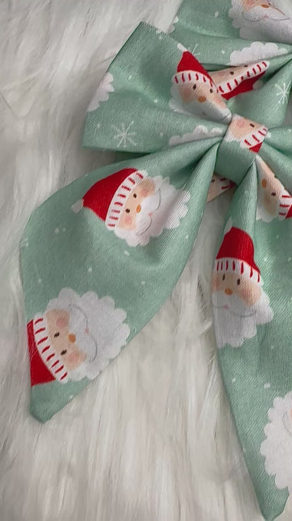 Santa on Green Bow Hair Clip with Tails Pack of 2