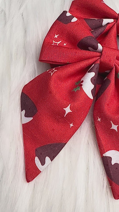 Christmas Pudding Bow Hair Clip with Tails Pack of 2